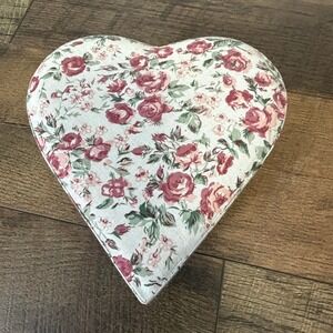 Heart Shaped Box in Rose Print Fabric Decorative Trinket Box